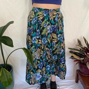 Vintage Blue Flower Silk Button Down Midi Skirt